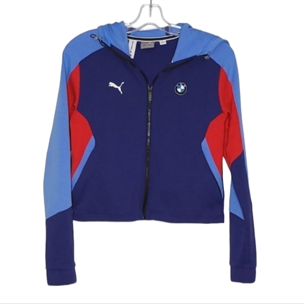 Puma BMW Motorsport Sporty Cropped Hoodie Red White Navy Women's XS